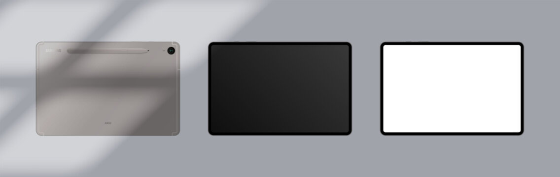 Tablet Galaxy Tab S9 icons. Beige color. Rear and front views. Computer phone Samsung Galaxy Tab S9 FE template. Gradient background. Samsung Galaxy tablet mockup. Vector icons