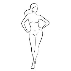 Silhouette of a nice lady, she is standing. The girl has a beautiful naked figure. The woman is a young sexy and slender model. Vector illustration.