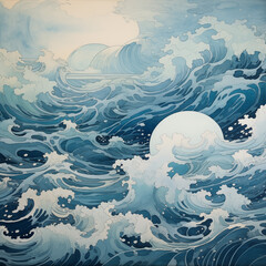 ukiyo-e Japanese painting of Ocean with rough waves