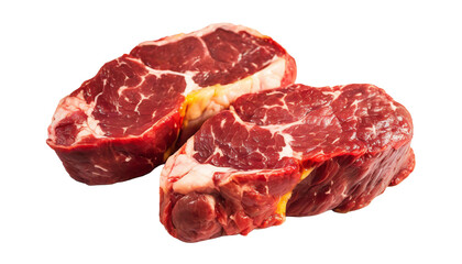 Two raw beef steaks isolated on transparent background. Top view.