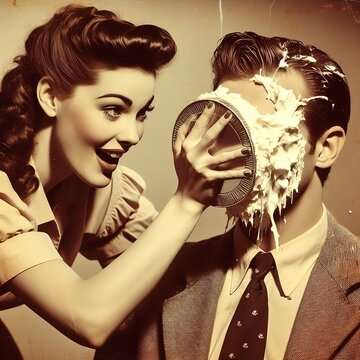 Man gets pies in the face by atractive woman, vintage