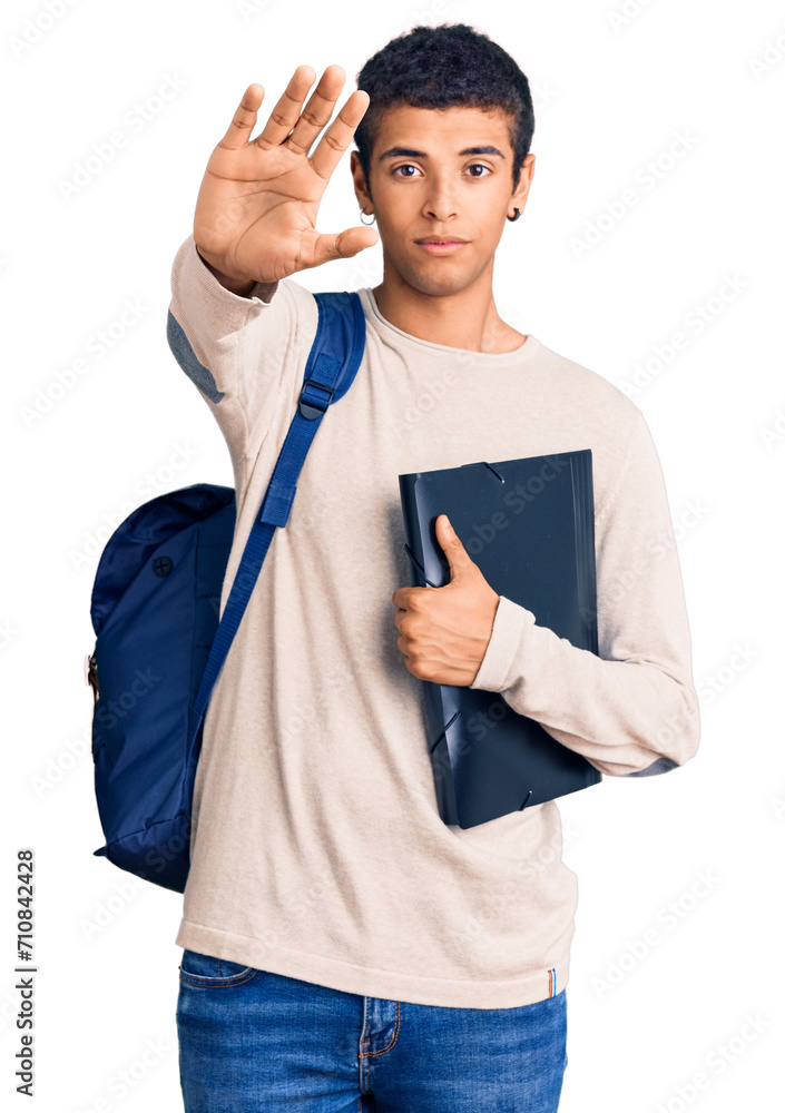 Sticker young african amercian man wearing student backpack holding binder with open hand doing stop sign wi