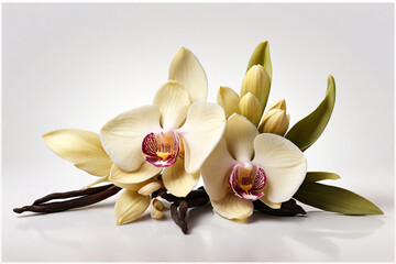 Vanilla pods and orchids on a white background, isolated