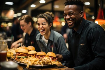 Happy colleagues share varied hamburgers in lively happy hour., generative IA - obrazy, fototapety, plakaty