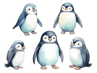 Watercolor set of a cute pinguins on white background 