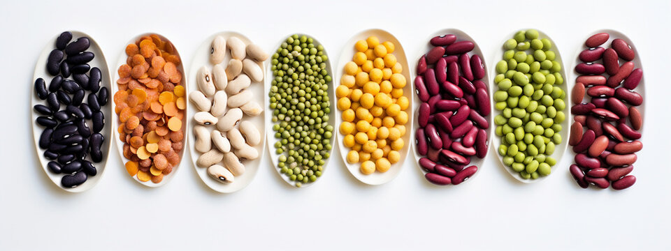 Top view of different types of raw beans food background