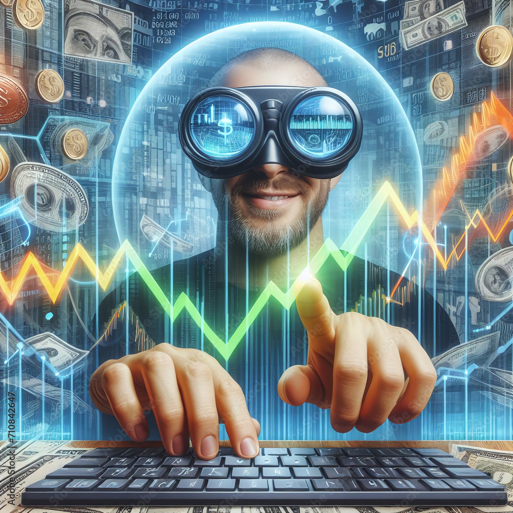 Aufkleber portrait of a bearded man wearing virtual reality glasses and typing on a keyboard on a blurry backg