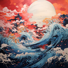 ukiyo-e Japanese painting of Ocean with rough waves