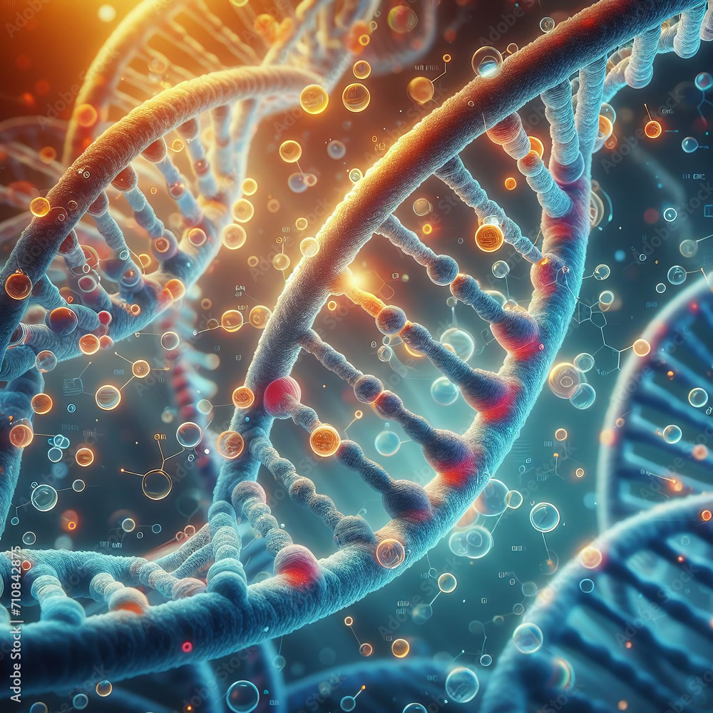 Poster highly rendering of dna molecule in abstract background. 3d illustration