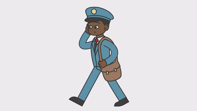 2d animation of walking black male postman talking on the phone. Looped 4K video with alpha-channel.
