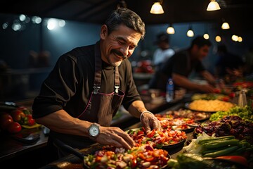 Chef preparing fresh tacos in lively street food tent with delicious side dishes., generative IA
