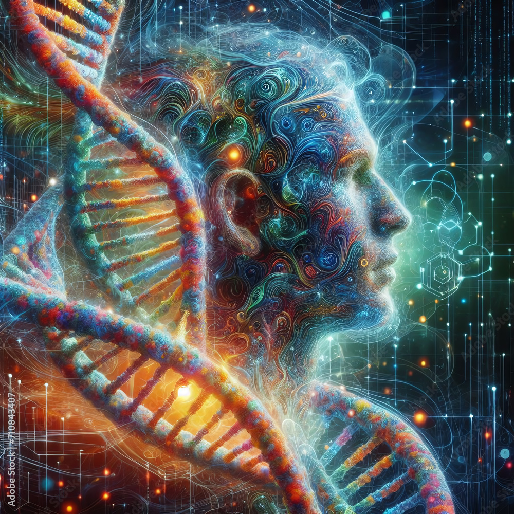 Poster digital illustration dna structure in futuristic space with human head. 3d rendering