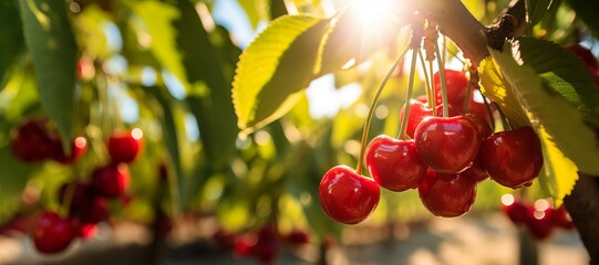 Growing cherries harvest and producing vegetables cultivation. Concept of small eco green business organic farming gardening and healthy food - obrazy, fototapety, plakaty