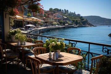 Coffee shop by the sea: people, fresh coffee and breeze., generative IA