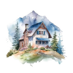 Haus in den Bergen Malerei Gem&uuml;tliches Berghaus Illustration Herbstliche Berglandschaft Kunstwerk Wanddekoration Naturverbundene Wohnkultur