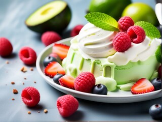 avocado fruit ice cream dessert in glass, with some yogurt and fruits