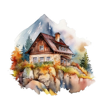 Haus in den Bergen Malerei Gemütliches Berghaus Illustration Herbstliche Berglandschaft Kunstwerk Wanddekoration Naturverbundene Wohnkultur