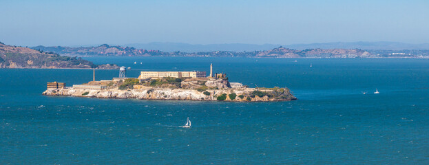 Aerial view of the prison island of Alcatraz in San Francisco Bay, Alcatraz jail in San Francisco...