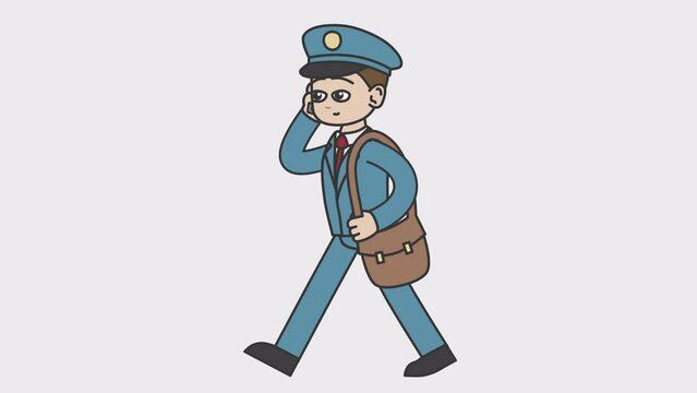 2d animation of walking white male postman talking on the phone. Looped 4K video with alpha-channel.