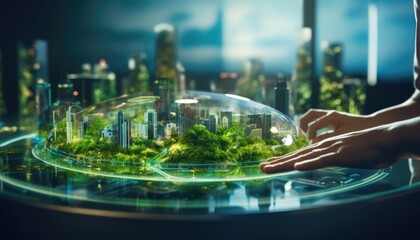 Human touching a advanced technology based on hologram light with greenery city, eco-friendly city on a city background with hologram network icons for energy source research, renewable energy concept