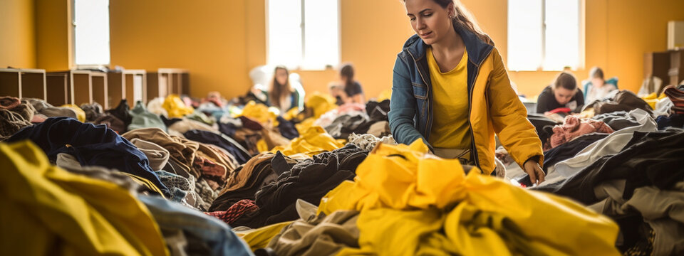 volunteers sort things in a warehouse to help the poor
