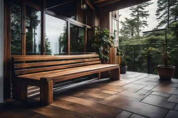 Wooden bench in front of a house.