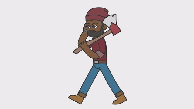 2d animation of walking black male lumberjack talking on the phone. Looped 4K video with alpha-channel.