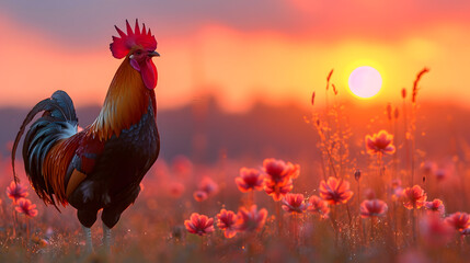 rooster in the sunset, a proud rooster crowing at dawn, signaling the start of a new day in the countryside - obrazy, fototapety, plakaty