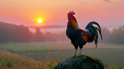 rooster in the field, a proud rooster crowing at dawn, signaling the start of a new day in the countryside - obrazy, fototapety, plakaty