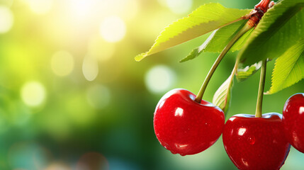 Ripe cherries hanging on a cherry tree branch against green background. Fruits growing in organic...