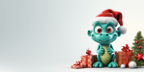 Cute green christmas dragon in santa hat in cartoon style with gift boxs on white background.The dragon is the symbol of 2024. New Year holiday card. Happy New Year!Banner. Copy space for text