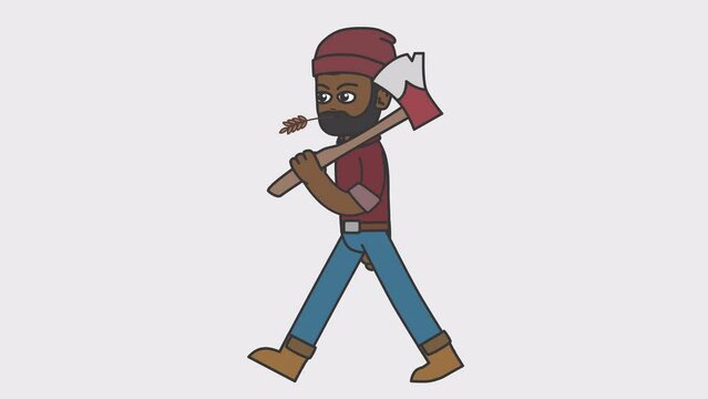 2d animation of walking black male lumberjack holding an ax. Looped 4K video with alpha-channel.