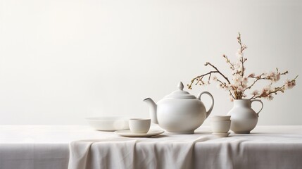 Against a pure white backdrop, a teapot and cup arrangement becomes the focal point in high definition, invoking a sense of timeless ritual and sophistication.