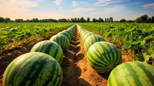 Ripe watermelons in the field are a good harvest