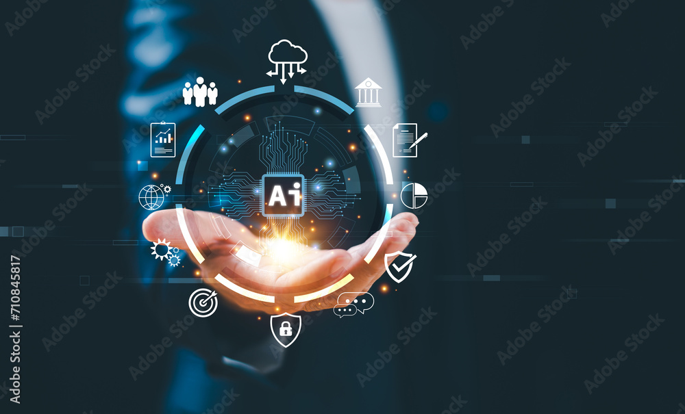 Poster expert technology ai business analytics concept. businessman use ai brain tech to digital network. l