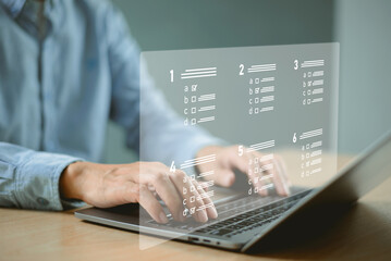 Document management system DMS. Business assessment form, questionnaire, checklist audit task form. Businessman work on laptop computer checklist and fill survey form online. Wrong and right survice .