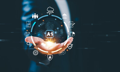 Expert technology Ai business analytics concept. Businessman use AI brain tech to digital network. Learning Artificial Intelligence. Business modern technology, data internet and computer networking