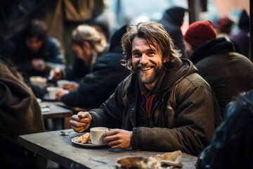 Happy homeless man, bum, beggar eats a canteen against the background of people. Help the homeless, charity, volunteering - obrazy, fototapety, plakaty
