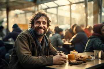 Happy homeless man, bum, beggar eats a canteen against the background of people. Help the homeless,...