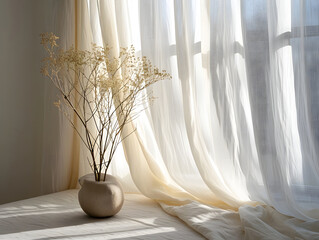 Vase on the table, Minimalistic Window Scene, Curtains Billowing, Room with window, vase and curtains