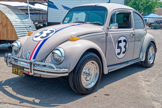 Lebanon, Tennessee USA - June 09, 2023 A Volkswagen bug restored to look like Herbie the love bug