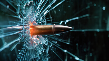 a high-speed photography scene capturing the exact moment a bullet impacts a glass window.. Generative AI