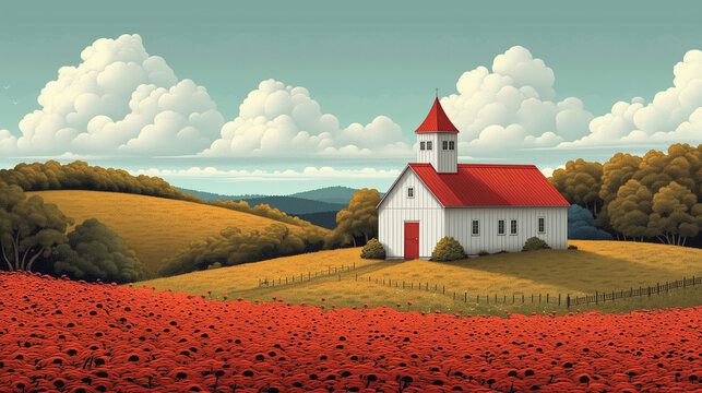 illustration of a little white chapel in the rolling hills of the countryside