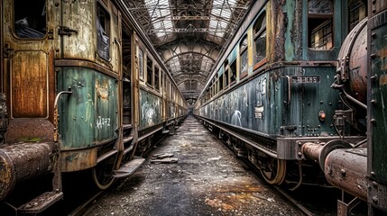 Fototapeta na wymiar A sense of eerie stillness pervades the abandoned railway depot, frozen in time.