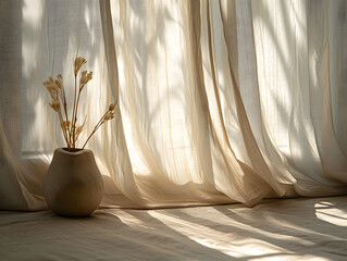 Minimalistic Window Scene, Curtains Billowing, Room with window, vase and curtains