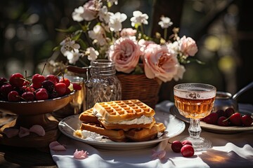 Outdoor picnic with sweet and salty waffles., generative IA
