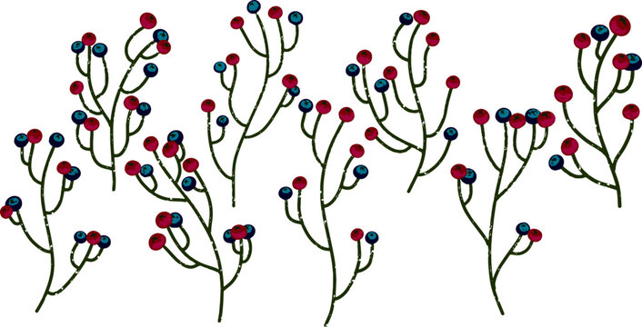 Graceful stems with berries. Vector grainy set of texture elements, cartoon style, doodle, grunge texture, colored pencil, old paint, pencil texture, pastel, pencil. Vector collection.