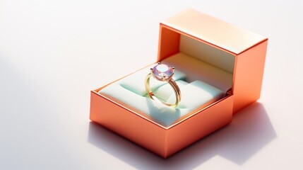 an isolated, colorful ring resting gracefully in a box on a pure white surface.