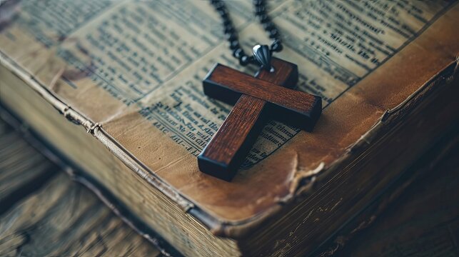 Closeup of wooden Christian cross necklace next to holy Bible. Copy space.
