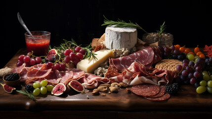 wooden boards, cold meat, various cheeses, fruit, bread, dip. A mix of different snacks snacks